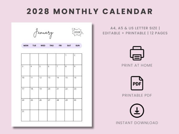 Download Printable Monthly Calendar 2028 Template - Print Collection